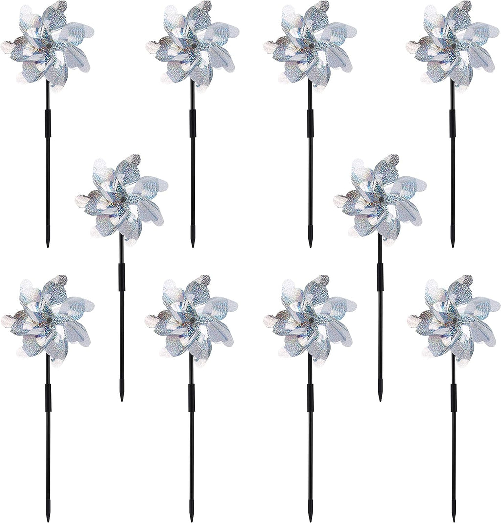 10 Pack Reflective Pinwheels with Plastic Stakes| 19.7 inch Pre-Assembled Sparkle Pin Wheel Set | Scare Off Birds and Animals Away | Decorative for Garden, Yard, Lawn