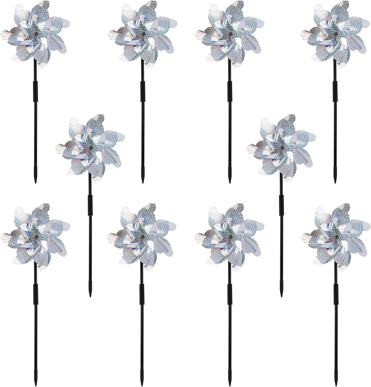 10 Pack Reflective Pinwheels with Plastic Stakes| 19.7 inch Pre-Assembled Sparkle Pin Wheel Set | Scare Off Birds and Animals Away | Decorative for Garden, Yard, Lawn