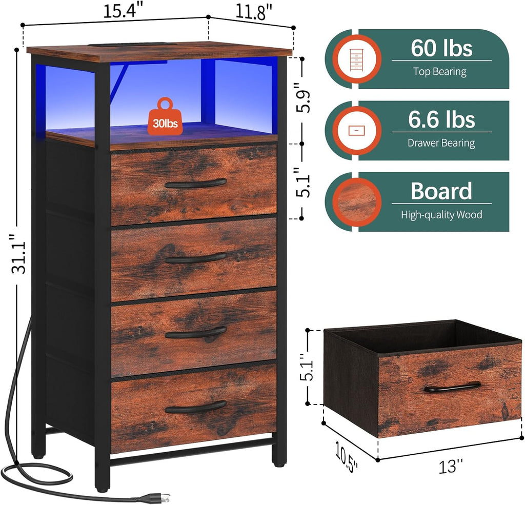 Yoobure Night Stand - LED Rustic Nightstand with Charging Station for Dorm | Bedside Table with 4 Storage Drawers and Storage Shelf, End Table with USB Ports and Outlets, Tall Nightstand for Bedroom