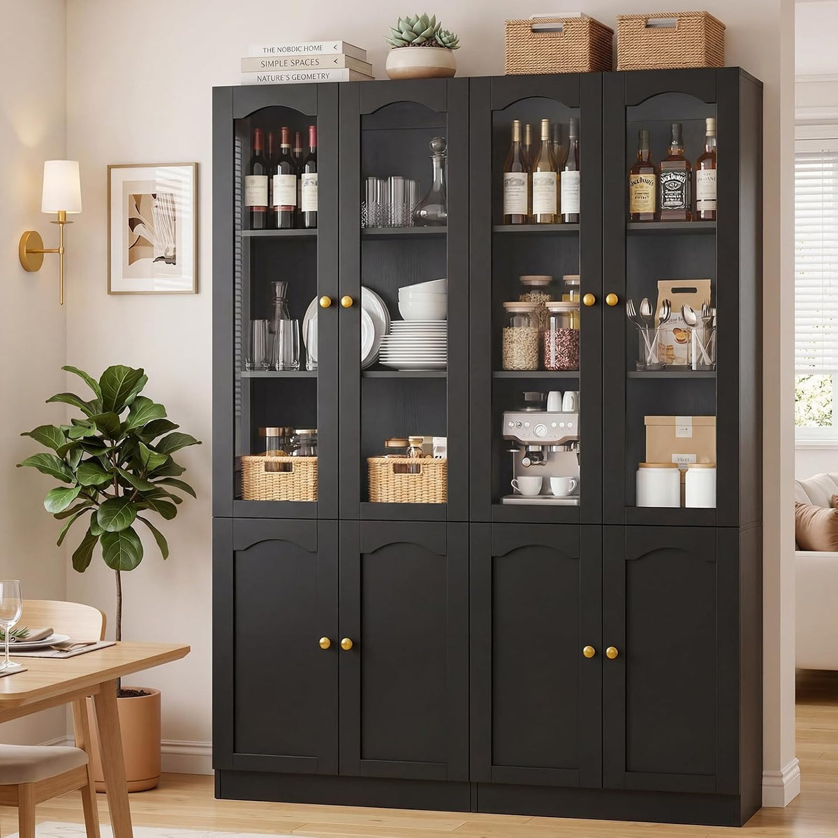 Cyclysio 80" Tall Pantry Cabinet with 8 Doors, Black Kitchen Pantry Storage Cabinet with Built-in Baseboard Notch & Adjustable Shelves – Kitchen Storage Cabinet for Dining, Living Room, Office