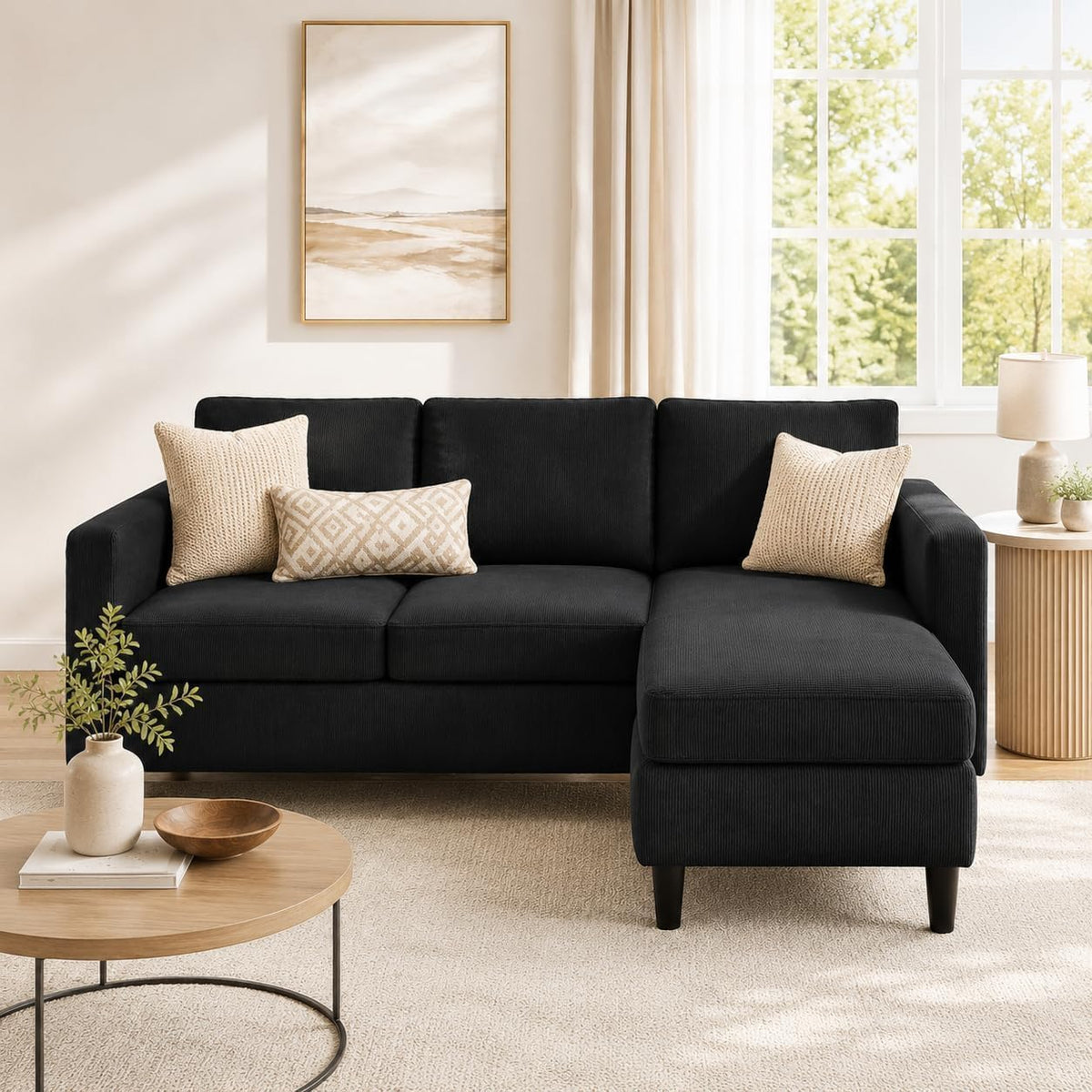 Nuturelly 73.6" L-Shaped Small Sectional Sofa with Ottoman, Black | Tool-Free Assembly, 3-Seater, Medium-Firm Foam+Springs, Pet-Friendly Microfiber, 5.9" Leg Clearance, Spot-Clean Only