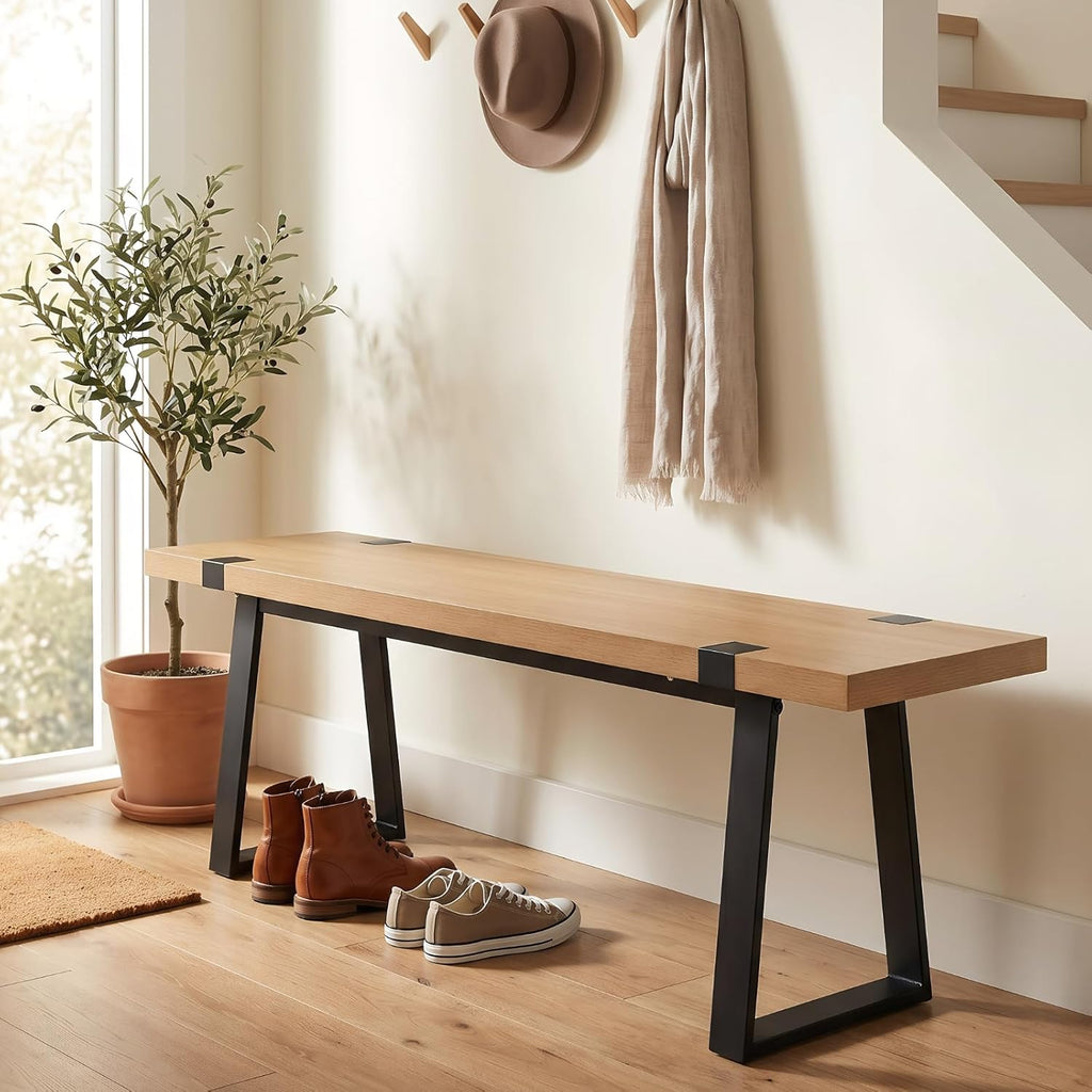HNY 60" Entryway Bench Wood Dining Bench Bedroom Bench Modern Minimalist Long Slatted Bench for Living Room Hallway, Sturdy Solid Wood with Black Metal Leg Seating for 4-6 People, Natural Finish