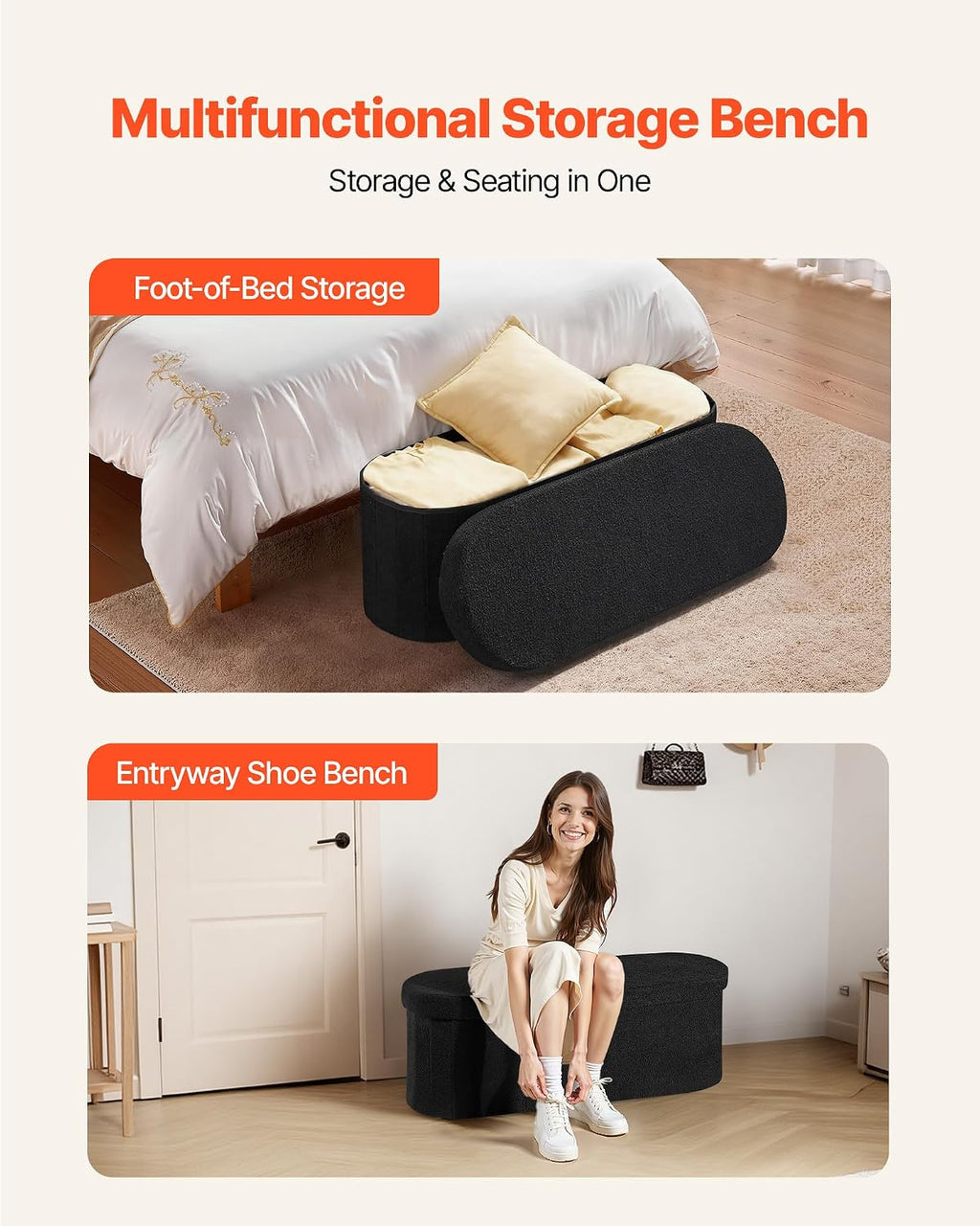 VEVOR Oval Storage Ottoman Bench, Foldable Teddy Fleece End of Bed Bench, Folding Upholstered Bed Ottoman Chest with Large Storage Space, Supports 660 lbs, for Living Room, Bedroom, Entryway, Black
