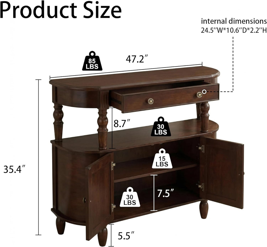 Curved Console Table with Solid Wood Legs, 47" Half Moon Sofa Table with Storage, Drawer & 2-Doors, Real Wood Veneer, Adjustable Shelf, Anti-Tip, Entryway Table for Living Room/Hallway,Walnut