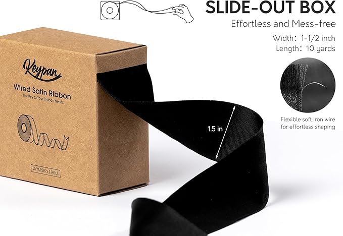Black Satin Ribbon Double-Faced Wired Ribbons for Gift Wrapping Flower Bouquet Bows Wedding Invitation Christmas Decor Crafts 1-1/2 Inch 10 Yards