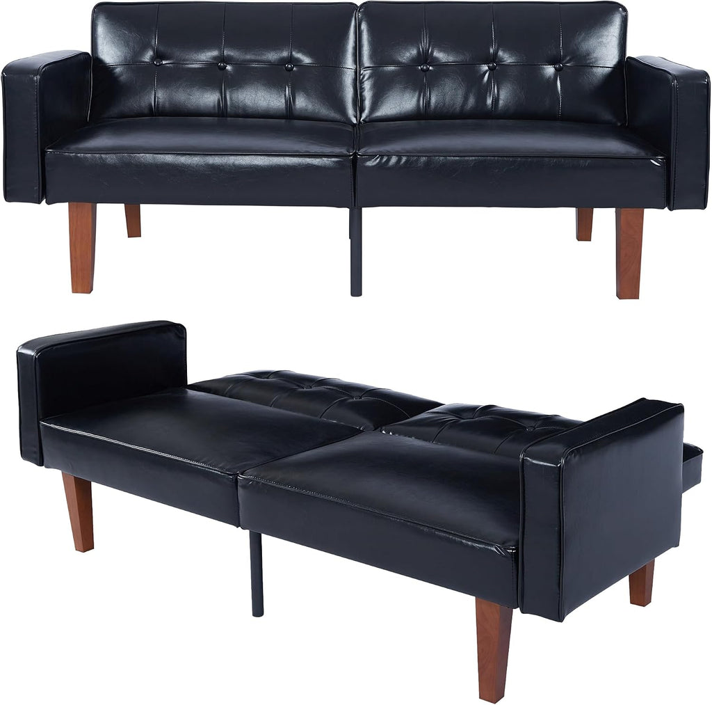mikibama Convertible PU Leather Black Futon Sofa Bed with Split Back,Mid Century Modern Sleeper Couch Beds,68.11" Tufted Loveseat Futons for Living Room RV, Small Spaces