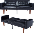 mikibama Convertible PU Leather Black Futon Sofa Bed with Split Back,Mid Century Modern Sleeper Couch Beds,68.11" Tufted Loveseat Futons for Living Room RV, Small Spaces