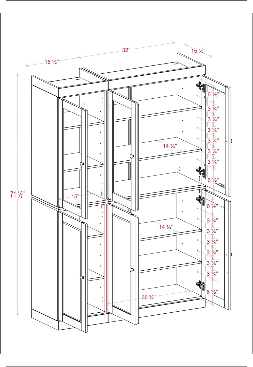 Palace Imports 100% Solid 2-Drawer Pantry, 3 Glass & 3 Wood Doors, Gray, 48.5" w, Renewable Eco-Friendly Wood, Made in Brazil