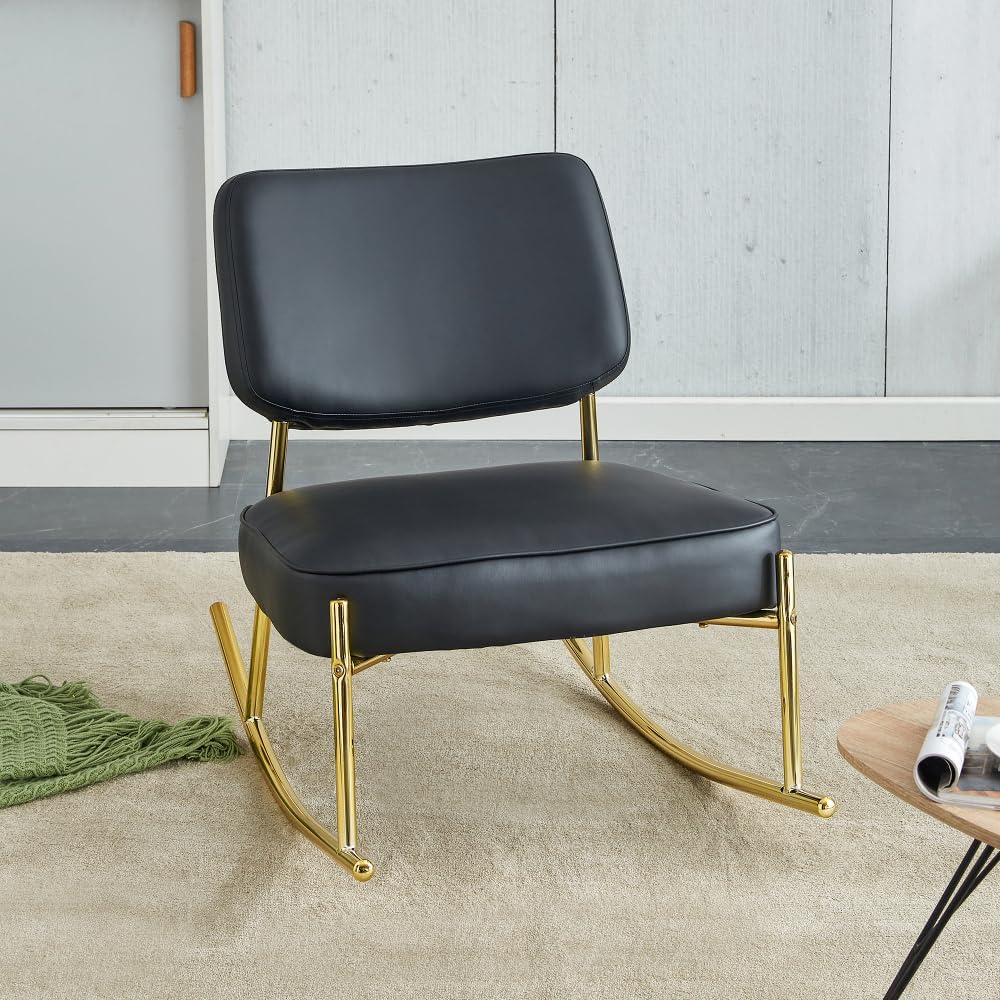 Modern Rocking Chair with PU Cushioned Seat, Black Backrest, Gold Metal Legs for Living Room, Bedroom, Office (Black + PU)