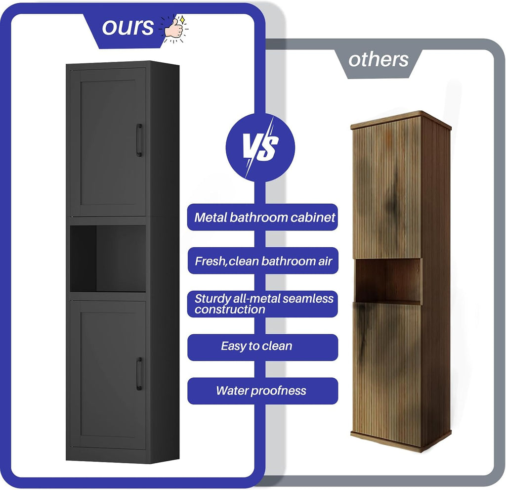 67" Tall Narrow Bathroom Storage Cabinet, Slim Metal Cabinet with Doors and Adjustable Shelves, Freestanding Pantry Organizer for Small Spaces, Bathroom, Kitchen, Laundry Room, Living Room, Black