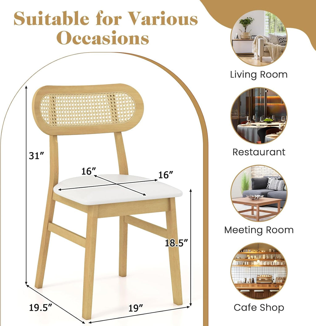Giantex Wooden Dining Chairs Set of 2, Faux Leather Upholstered Kitchen Chairs w/Breathable Mesh Cane Backrest, Rubber Wood Frame, Padded Seat, Farmhouse Armless Dining Room Chair, Natural