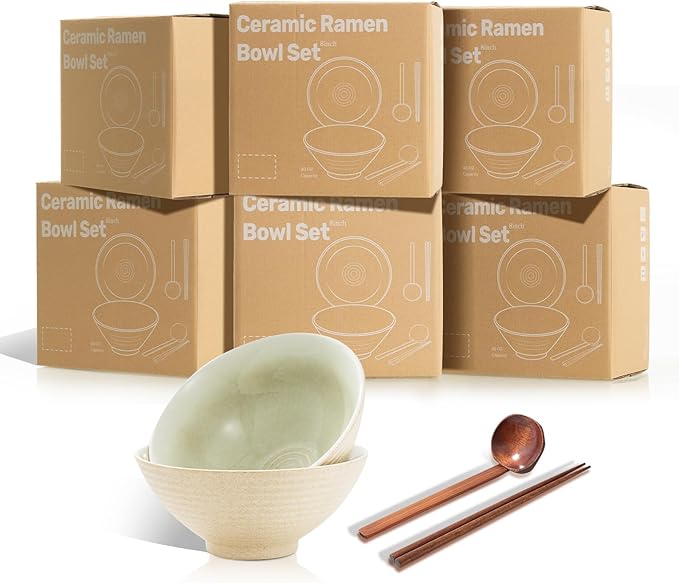 8 Inch Ceramic Ramen Bowl Set of 2, 40oz Japanese Bowls with Spoons & Chopsticks,Durable,Microwave & Dishwasher Safe,Perfect for Ramen,Pho,Salad,Soup,Noodles，Mixing bowls（Verdant）