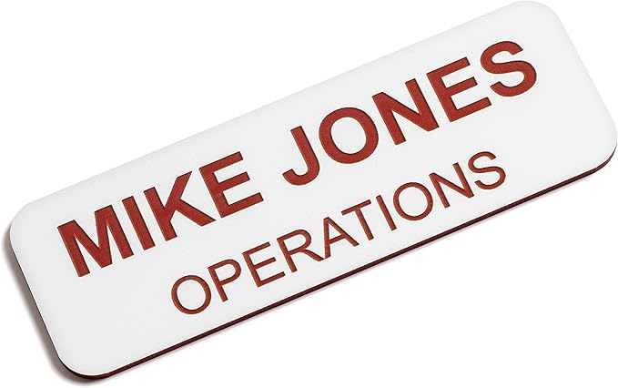 Custom Engraved Name Tag Badges – Personalized Identification with Pin or Magnetic Backing, 1 Inch x 3 Inches, White/Red