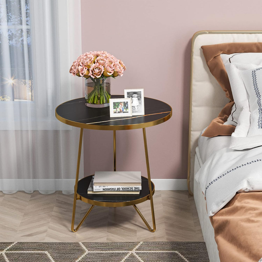 Tribesigns Faux Marble End Table, 2 Tier Round Side Table with Shelves, Modern Black Nightstand Bedside Table Small Coffee Accent Table for Living Room Bedroom, Black and Gold