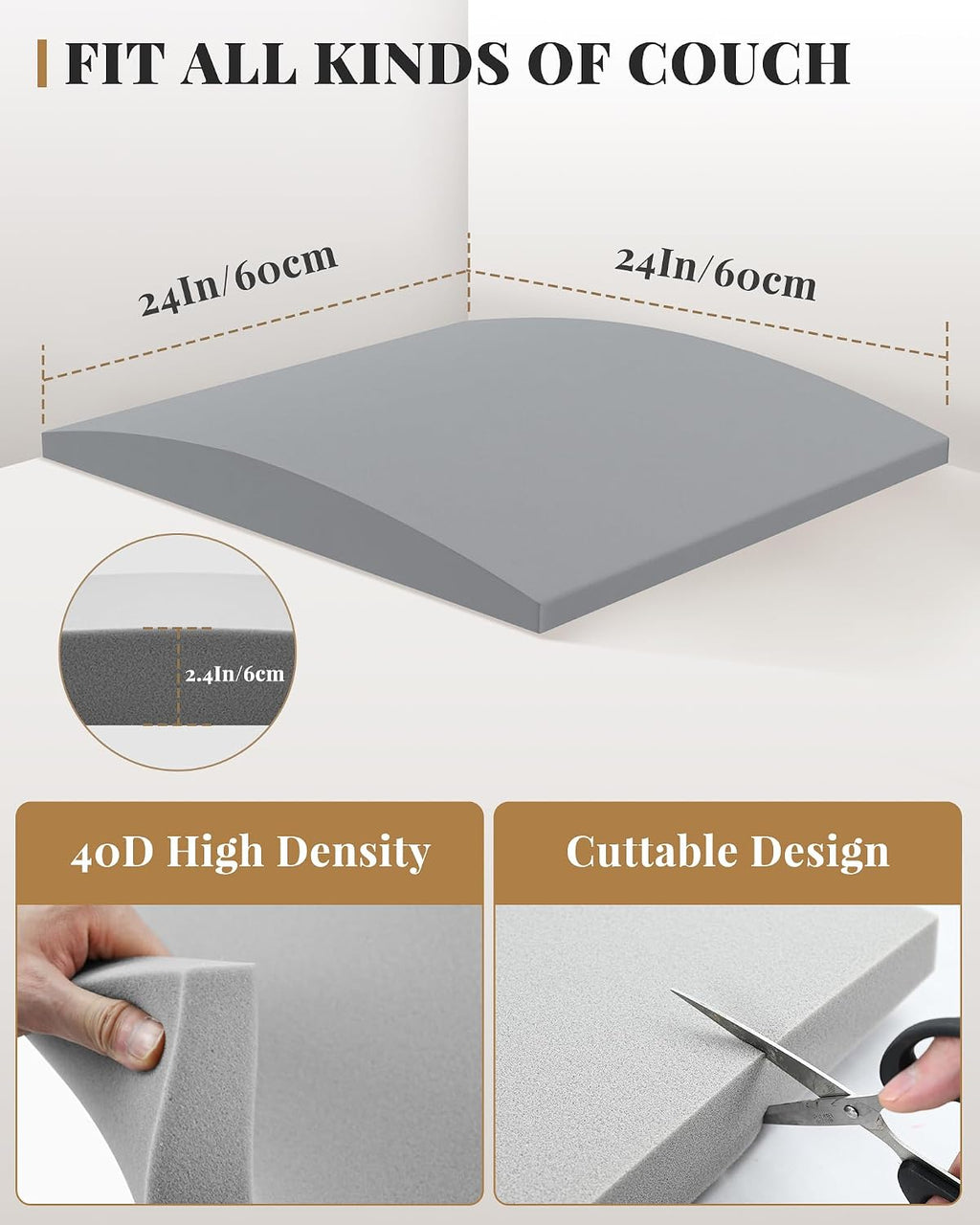 Upgraded Size Sofa Cushion Support, Couch Cushion Support for Sagging Couch Seat, Couch Replacement Insert, 24"x24"x2.4", High Density Foam Furniture Seat Sagging Repair, Trapezoid 40D, Grey Set of 1