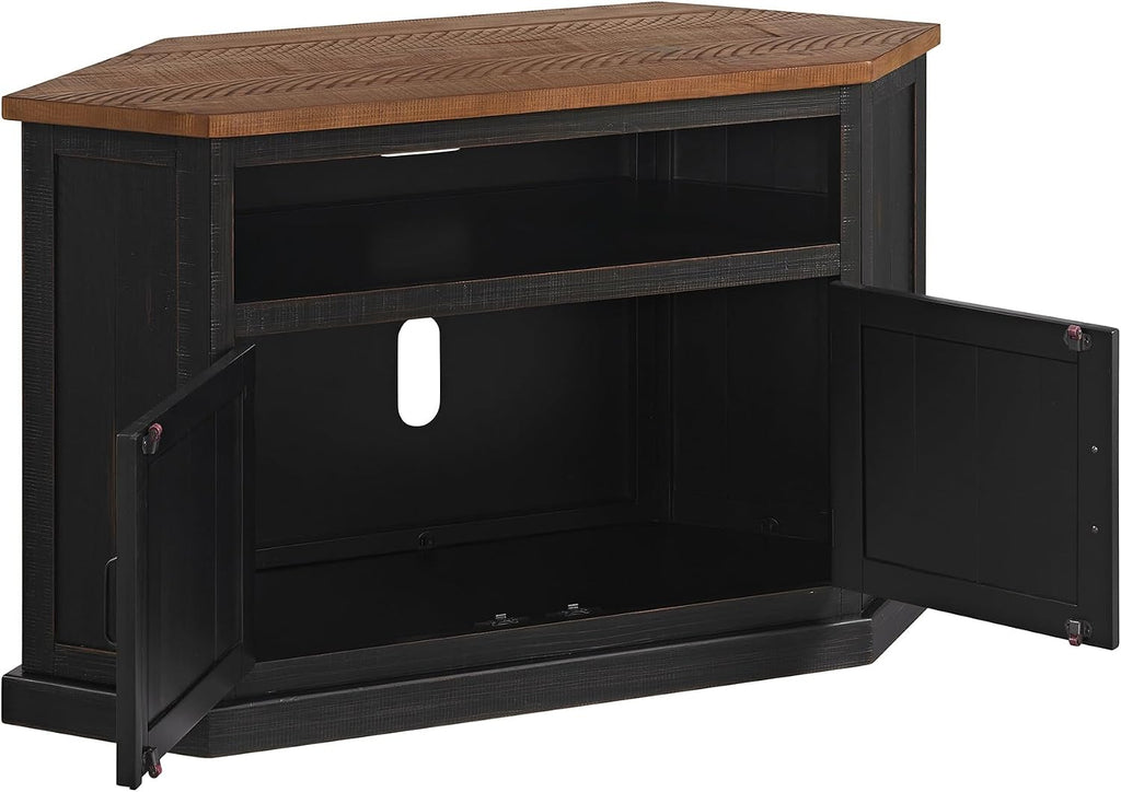 Martin Svensson Home Rustic Corner Solid Wood TV Stand, Black with Honey | Entertainment Center, for TVs up to 55", Two Door Cabinet, Open Storage shelf