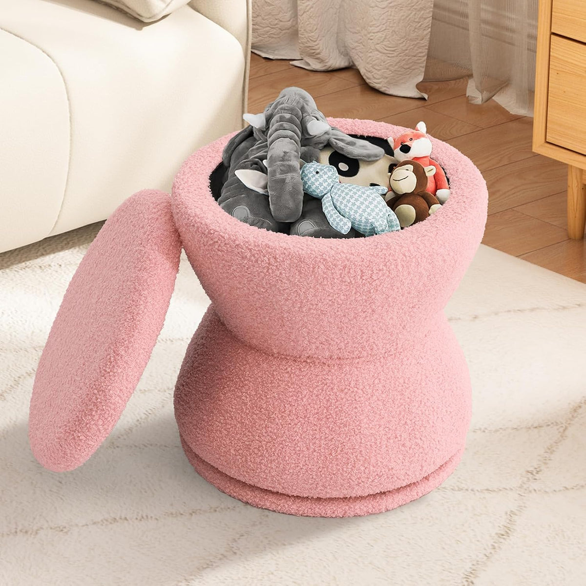 DHMAKER Round Storage Ottoman, Swivel Teddy Vanity Stool Chiar,Modern Sherpa Footstool, Makeup Chair Upholstered Footrest for Living Room, Bedroom, Entryway,Pink