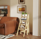 Library Ladder 4 Tier Folding Step Stool Chair 3-in-1 Multi-Functional Wood Step Ladder 265 lbs Indoor and Outdoor Display Stand and Storage Shelf for Home, Library, Kitchen