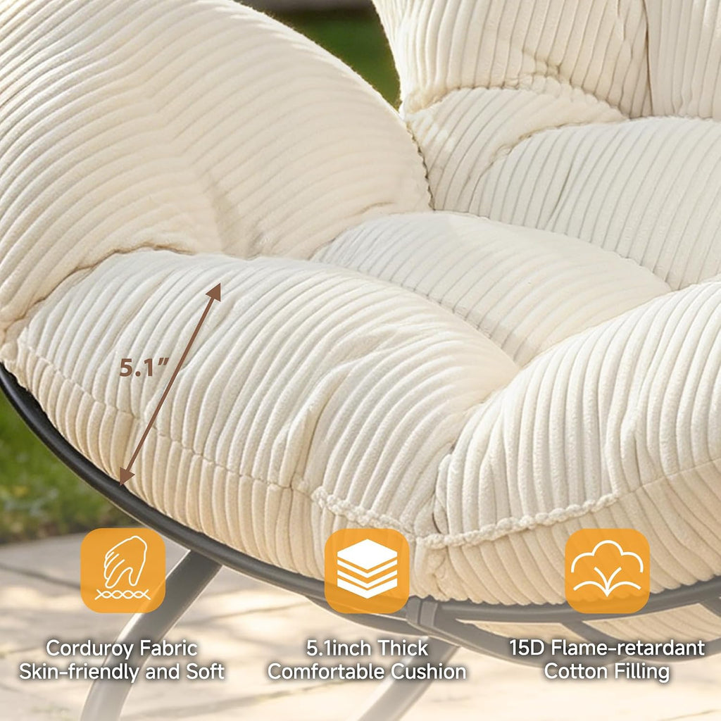 Oversized Outdoor Rocking Chair, Papasan Rocking Egg Chair with Thick Cushion, Metal Frame, Indoor Cozy Rocker for Patio, Balcony, Living Room, Beige