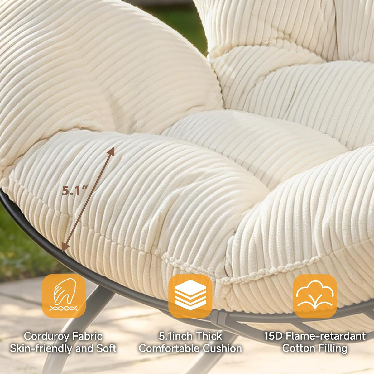 Oversized Outdoor Rocking Chair, Papasan Rocking Egg Chair with Thick Cushion, Metal Frame, Indoor Cozy Rocker for Patio, Balcony, Living Room, Beige