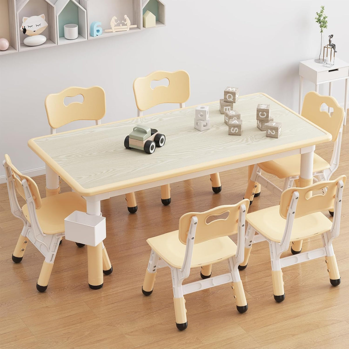 Kids Table and 6 Chairs Set, Adjustable Study Activity Table Ages 2-10