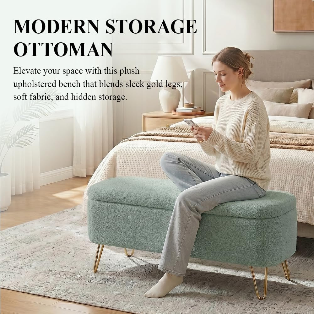 Modern Storage Ottoman Bench, Teddy Upholstered Entryway Bench with Gold Legs, Vintage End of Bed Bench with Safety Hinge, Padded Bench with Storage for Living Room, Bedroom, Entryway (Green)
