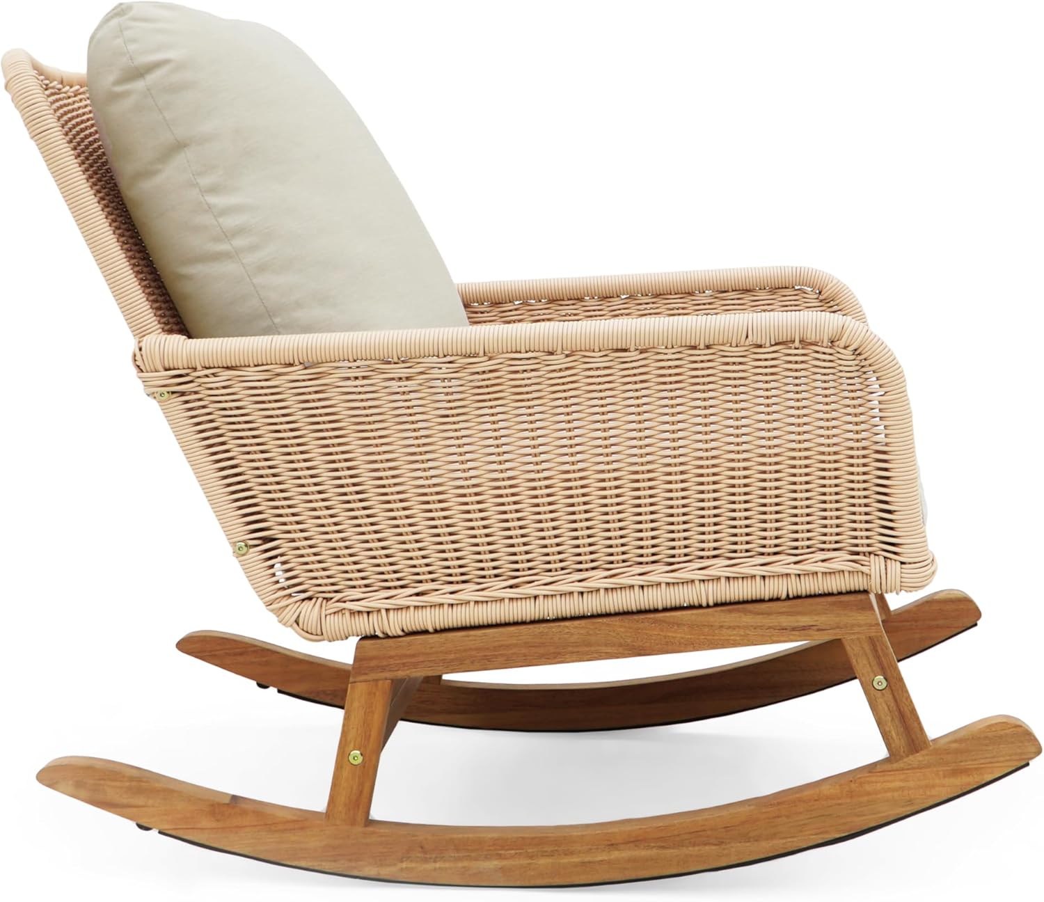 Rocking Chair with Padded Cushions, Modern Glider Chair, Wooden Frame with Rattan Armrest Design, Rocking Accent Chair with High Back for Living Room, Bedroom, Beige