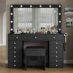 FUSOU 15 Drawers Vanity Desk with Mirror and Lights, Black | 47'' Makeup Vanity with Charging Station, 3 Color Modes Adjustable Brightness, Glass Top Vanity with Stool for Bedroom