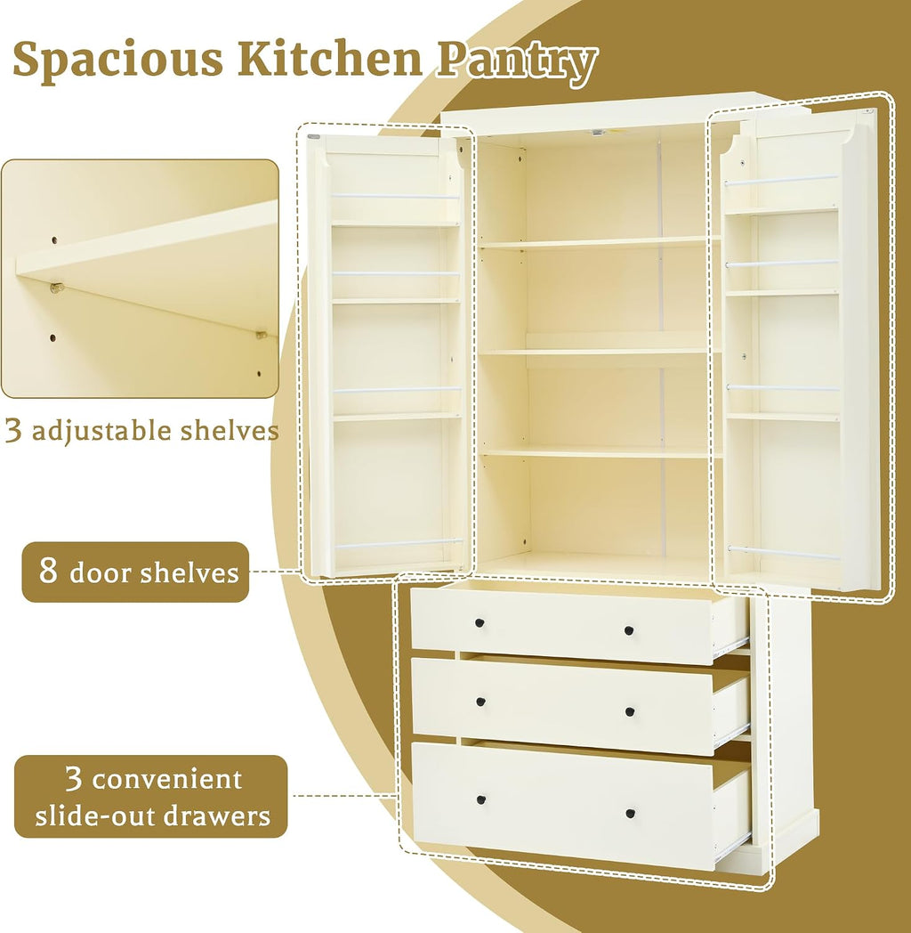 Farmhouse Kitchen Pantry,Extra Large Kitchen Pantry Cabinet, Freestanding Tall Cupboard Storage Cabinet with 3 Adjustable Shelves, 8 Door Shelves, 3 Drawers for Dining Room (Cream)
