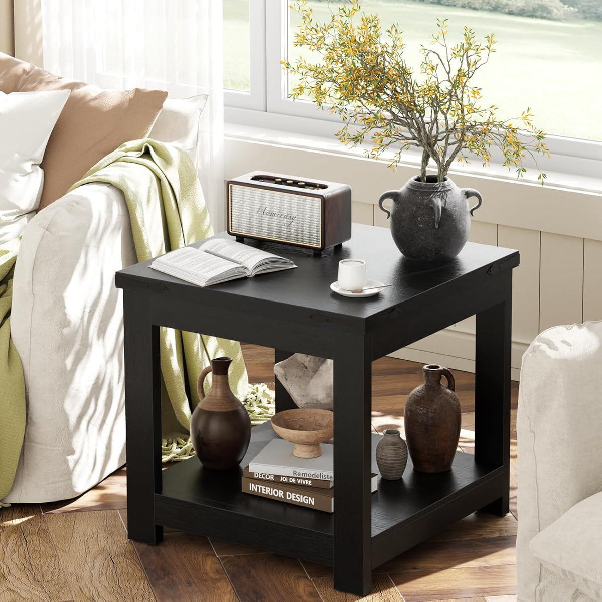 Homieasy Black End Table, 20x20 Inch Square Side Table for Living Room, Large Wood Accent Table with Storage Shelf, Modern Farmhouse Nightstand Bedside Table, Black