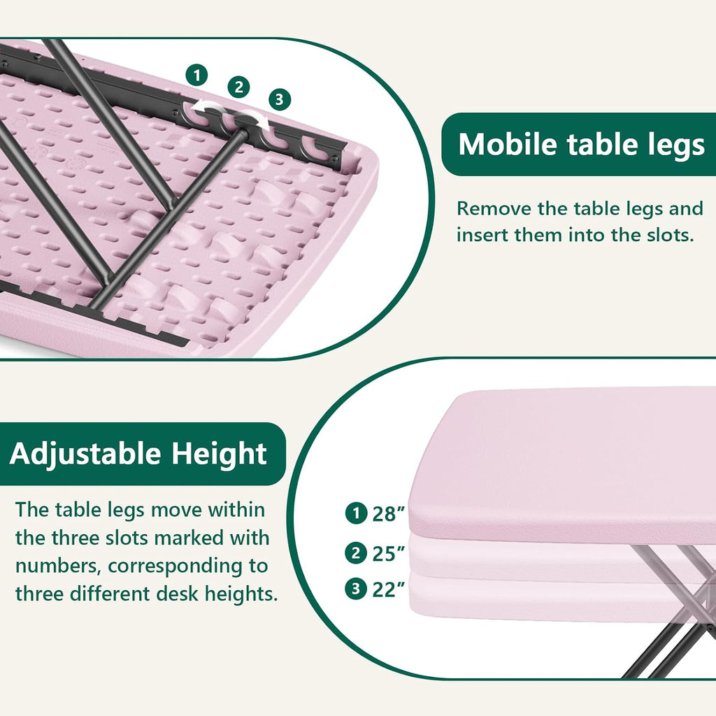 Folding Table 30 Inch - Small Desk Adjustable Height TV Tray for Laptop, Couch, Camping - Heavy Duty Utility Foldable Table for Small Spaces, No Assembly Required, Pink Granite
