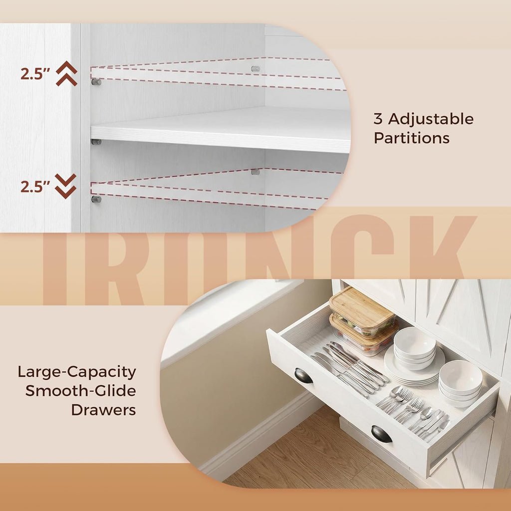 IRONCK 72.6" Tall Farmhouse Kitchen Pantry with Drawer and Adjustable Shelves, Freestanding Storage Cabinet with X-Design Doors, Large Floor Cupboard for Kitchen, Dining Room, White