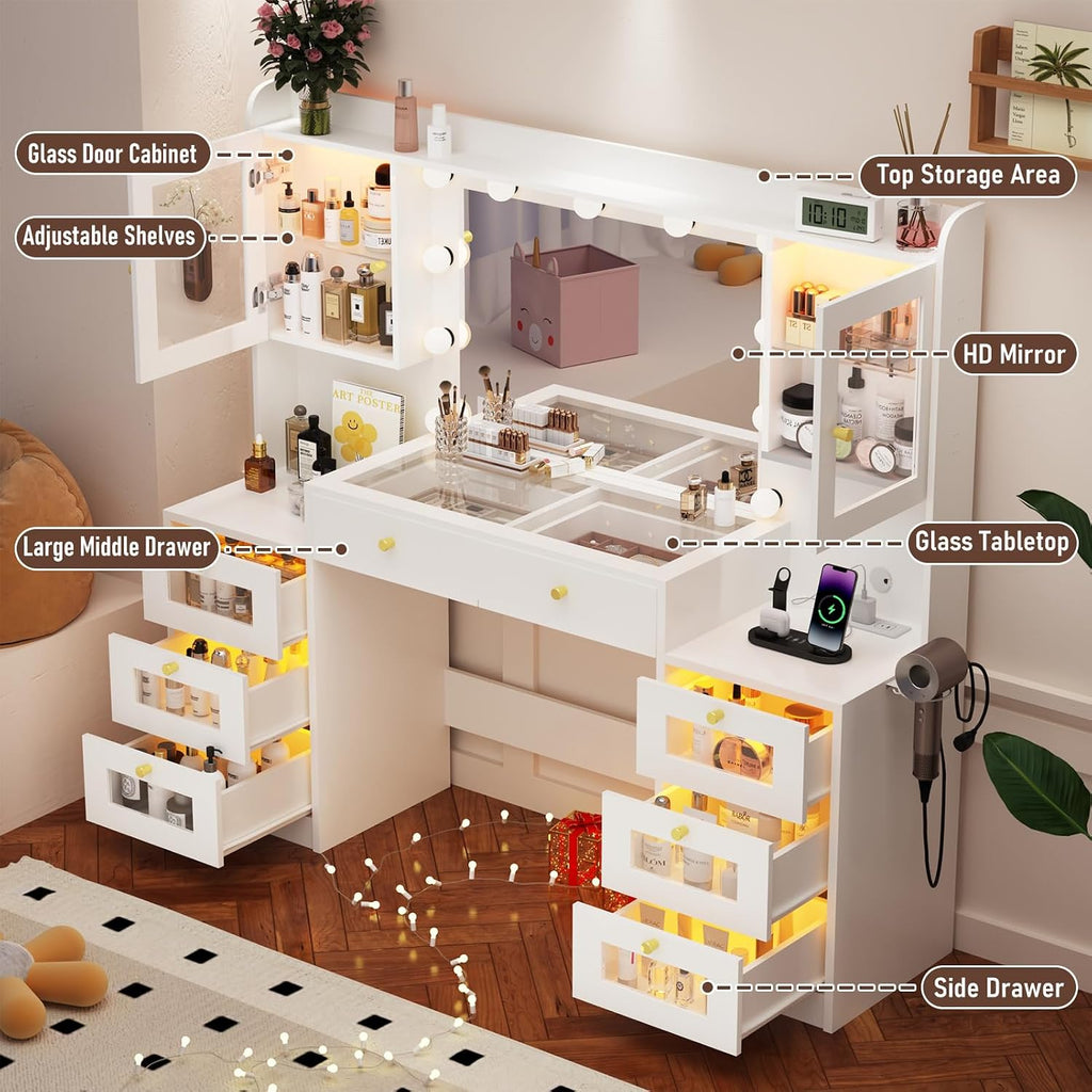 62 Inch Large Makeup Vanity Desk with Mirror and Lights 3 Color Lighting, Glass Top Vanity Table with Power Outlet and RGB Glass Cabinet, 8 Drawers Dressing Table for Bedroom and Dressing Room, White