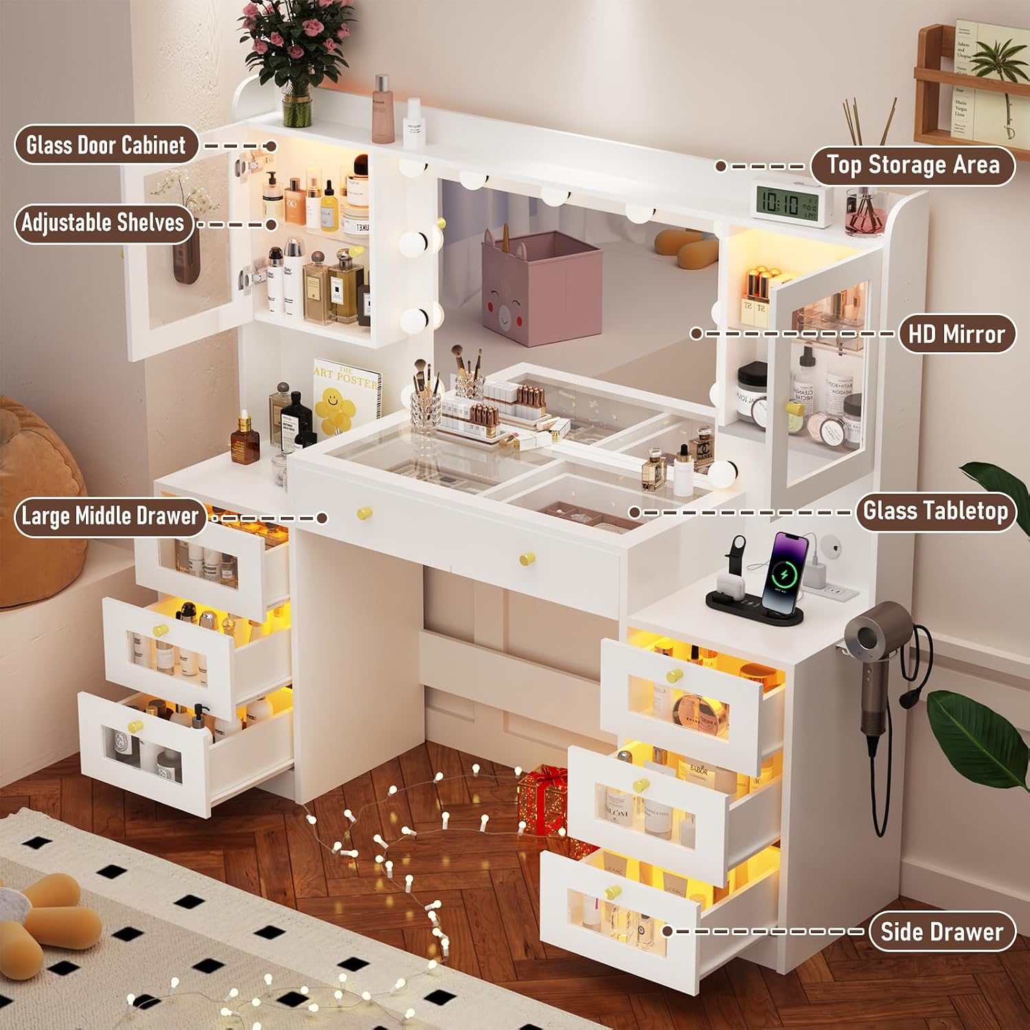 62 Inch Large Makeup Vanity Desk with Mirror and Lights 3 Color Lighting, Glass Top Vanity Table with Power Outlet and RGB Glass Cabinet, 8 Drawers Dressing Table for Bedroom and Dressing Room, White