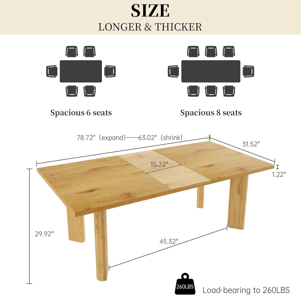 HIPIHOM Extendable Dining Table for 6-8, Space-Saving (Oak) | MDF Farmhouse Kitchen Table, Extends 63-78.7'', Seats 6-8, Space-saving for Kitchen, Dining & Living Room