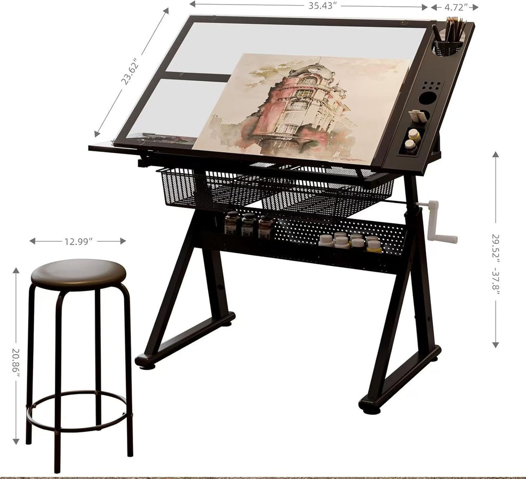 Adjustable Drawing Table for Artists | Drafting Desk with Tilted Glass Top | Art & Craft Table for Adults (Black, Smart Upgrade-29.52’’- 37.8'' H)