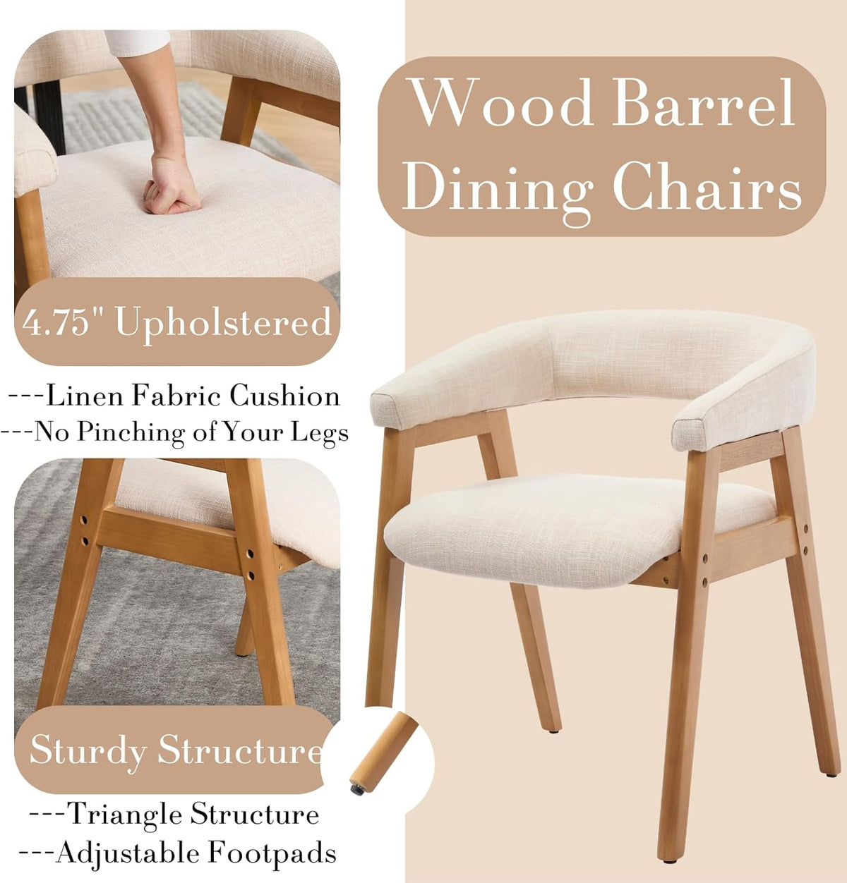 RIVOVA Modern Round Dining Chairs with Open Curved Back Set of 2, Linen Fabric Upholstered Kitchen & Dining Room Chairs, Farmhouse Wooden Barrel Kitchen Side Chairs with Arm, Beige, Natural
