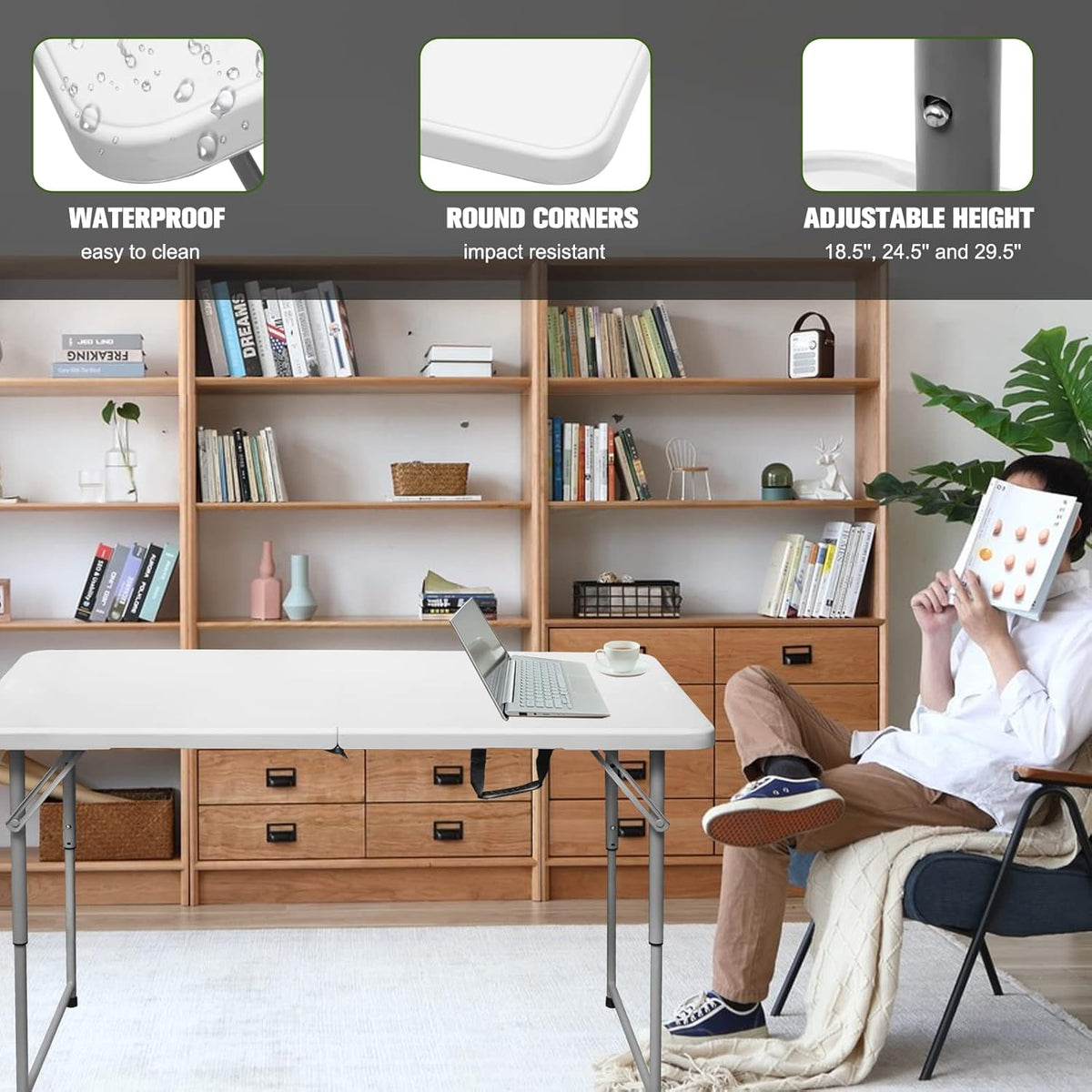 Folding Table 4 Foot,Portable Heavy Duty Plastic Utility Table,White | Adjustable Height,HDPE Tabletop,Small Fold-in-Half Design,Carrying Handle,Indoor Outdoor Use for Camping,Party