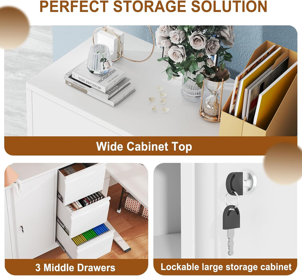 47" Rolling File Storage Locker Cabinet with 3-Drawer，Office Storage Cabinet with Adjustable Shelf & Universal Wheels, Mobile Printer Stand for Home Office, Living Dining Room,White