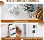 47" Rolling File Storage Locker Cabinet with 3-Drawer，Office Storage Cabinet with Adjustable Shelf & Universal Wheels, Mobile Printer Stand for Home Office, Living Dining Room,White