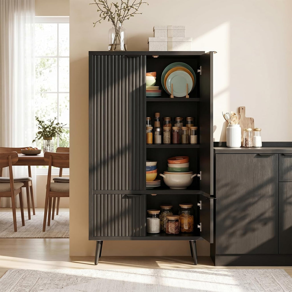 Ebony Fluted 51" Tall Wooden Kitchen Pantry Storage Cabinet Food Organize with Adjustable Shelves, Modern Accent Cabinet Sideboard Buffet for Dining Room, Entryway, Bathroom, Home Office