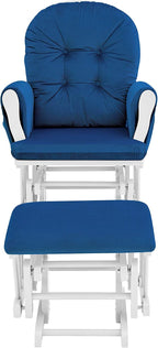 Glider and Ottoman White Wood and Navy Fabric