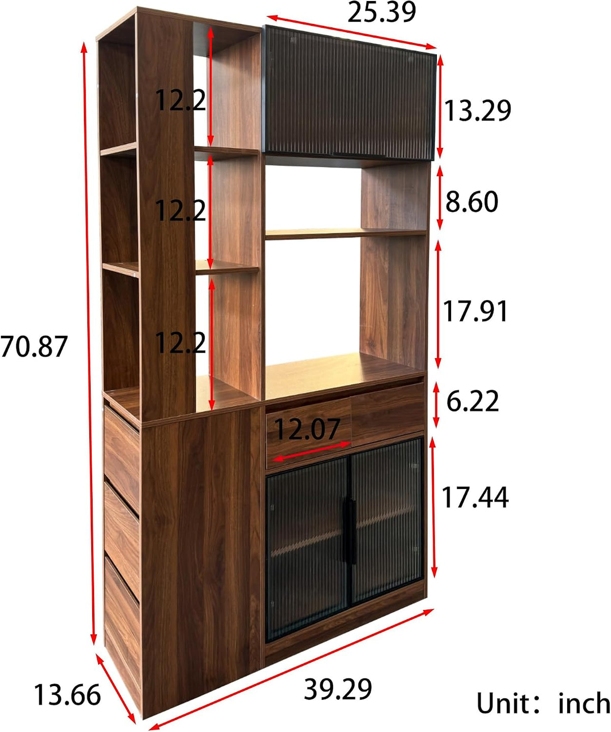 70.87" Tall Kitchen Pantry Cabinet with Multi-Tier Storage, Freestanding Food Hutch with 5 Drawers & 3 Glass Door and Microwave Stand, Coffee Bar Storage Cabinet Entrance Organizer, Walnut