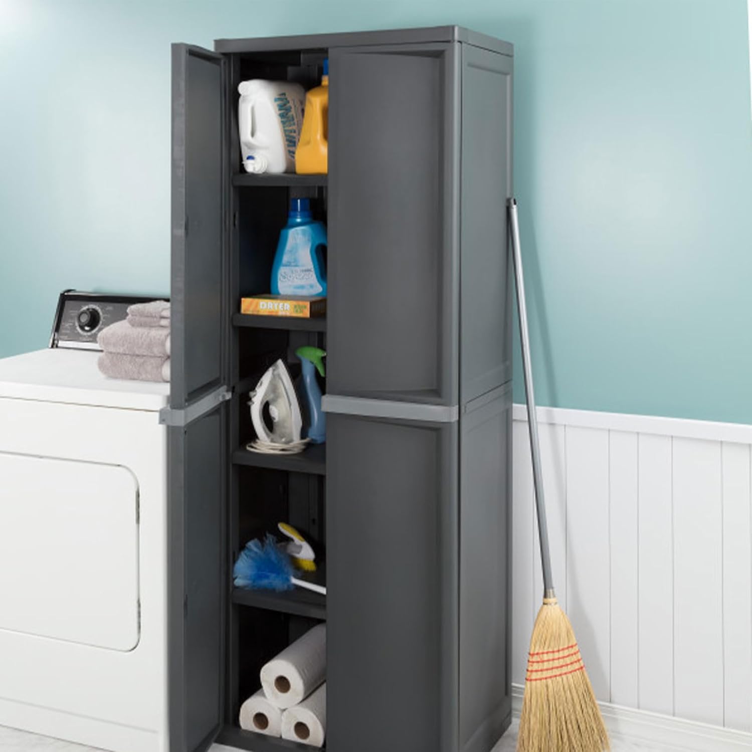 Sterilite 4 Shelf Cabinet, Lockable Utility Storage, Gray, 2-Pack