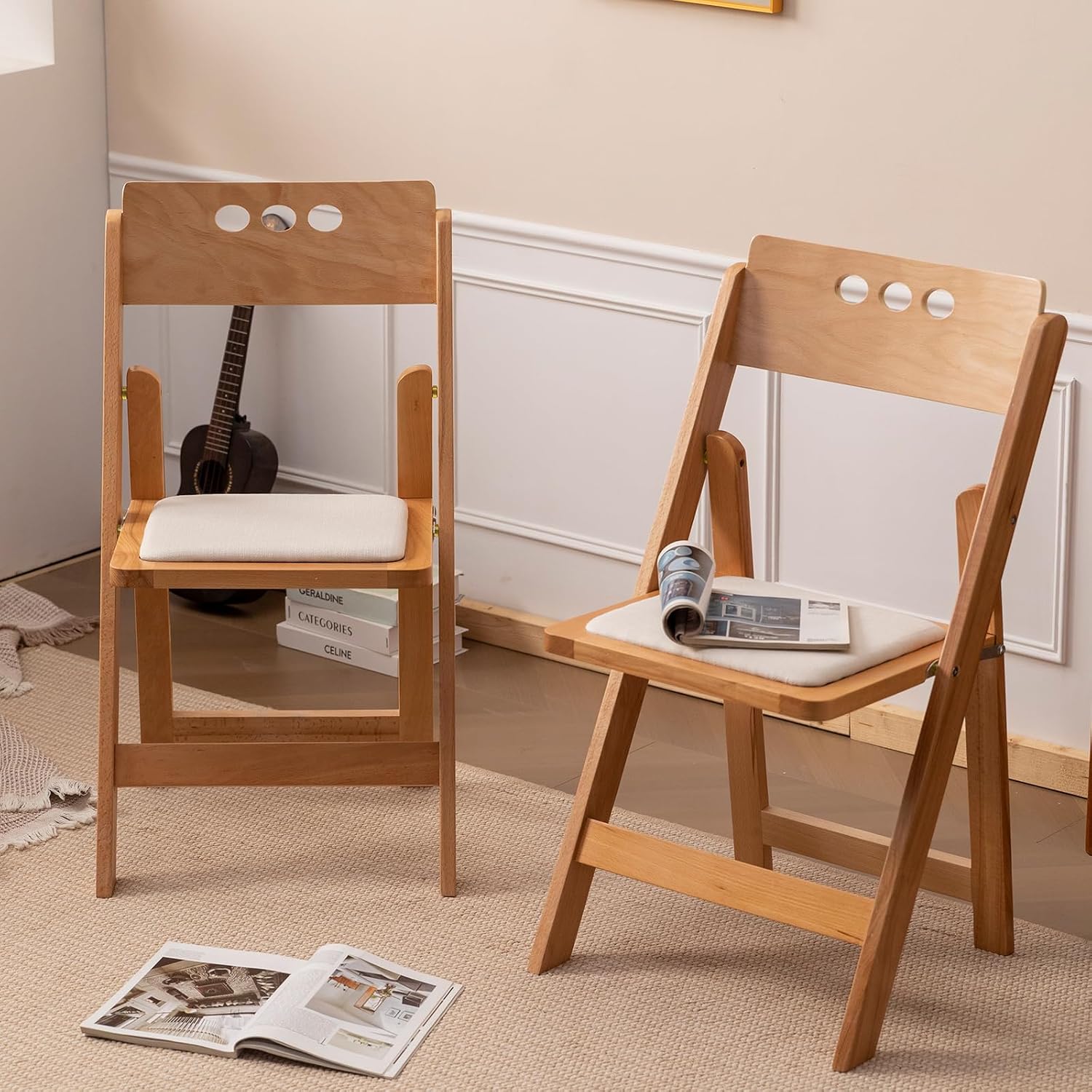 Wooden Folding Chair, Round Hole backrest,Natural Color,Set of 4 | Wooden folding chair with soft cushion, durable comfy, no assembly, ideal for home, wedding, banquet and indoor activities