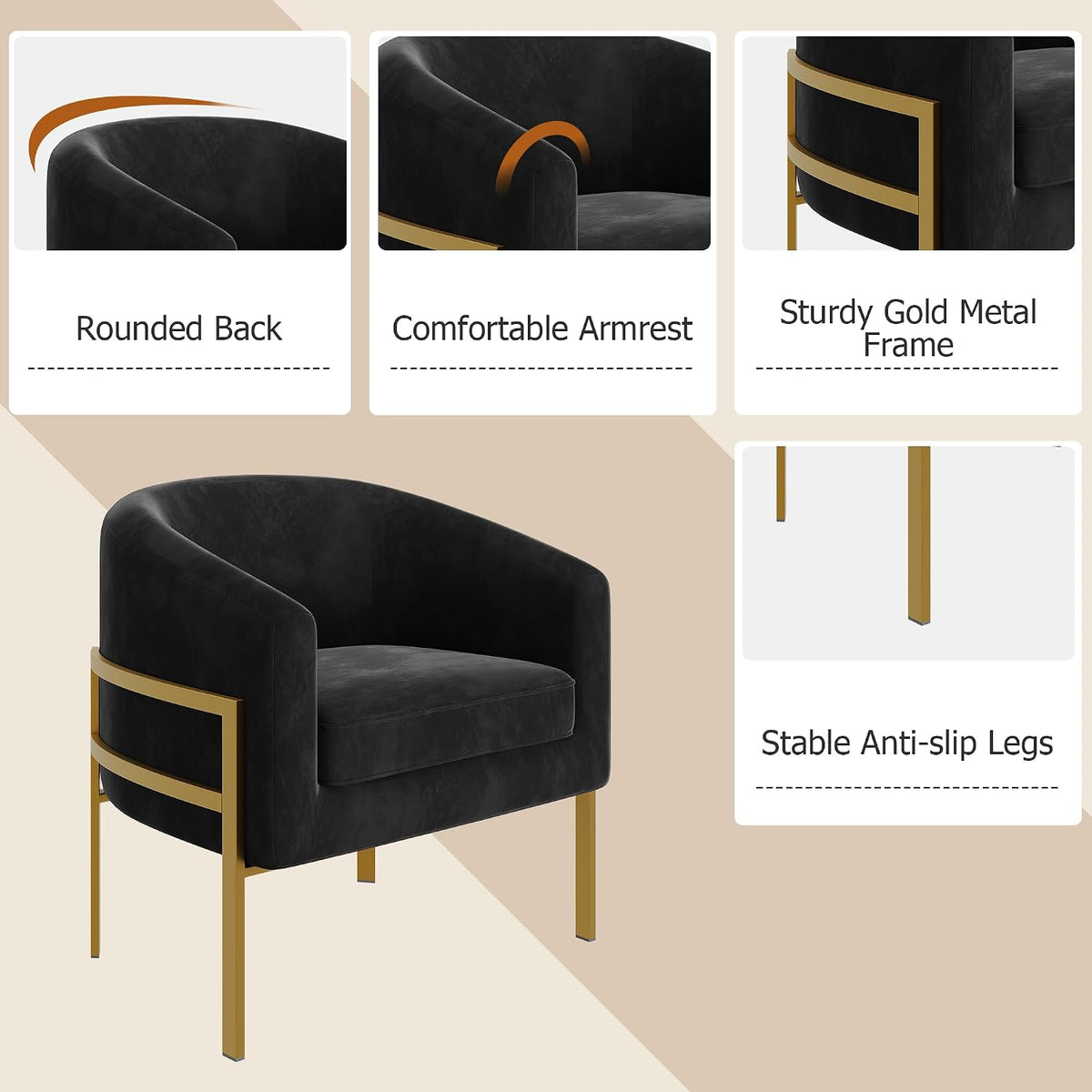 annjoe Accent Chair Barrel Chairs Upholstered Living Room Chair Arm Chairs with Metal Frame Legs for Home Kitchen Bedroom Black Set of 2