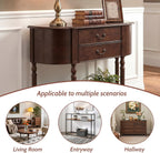LKTART 43.3" Solid Wood Vintage Curved Console Table, Half Moon Sofa Table Entryway Table with 2 Drawers and Open Shelves Rubber Wood Legs for Living Room Hallway Entryway, Walnut