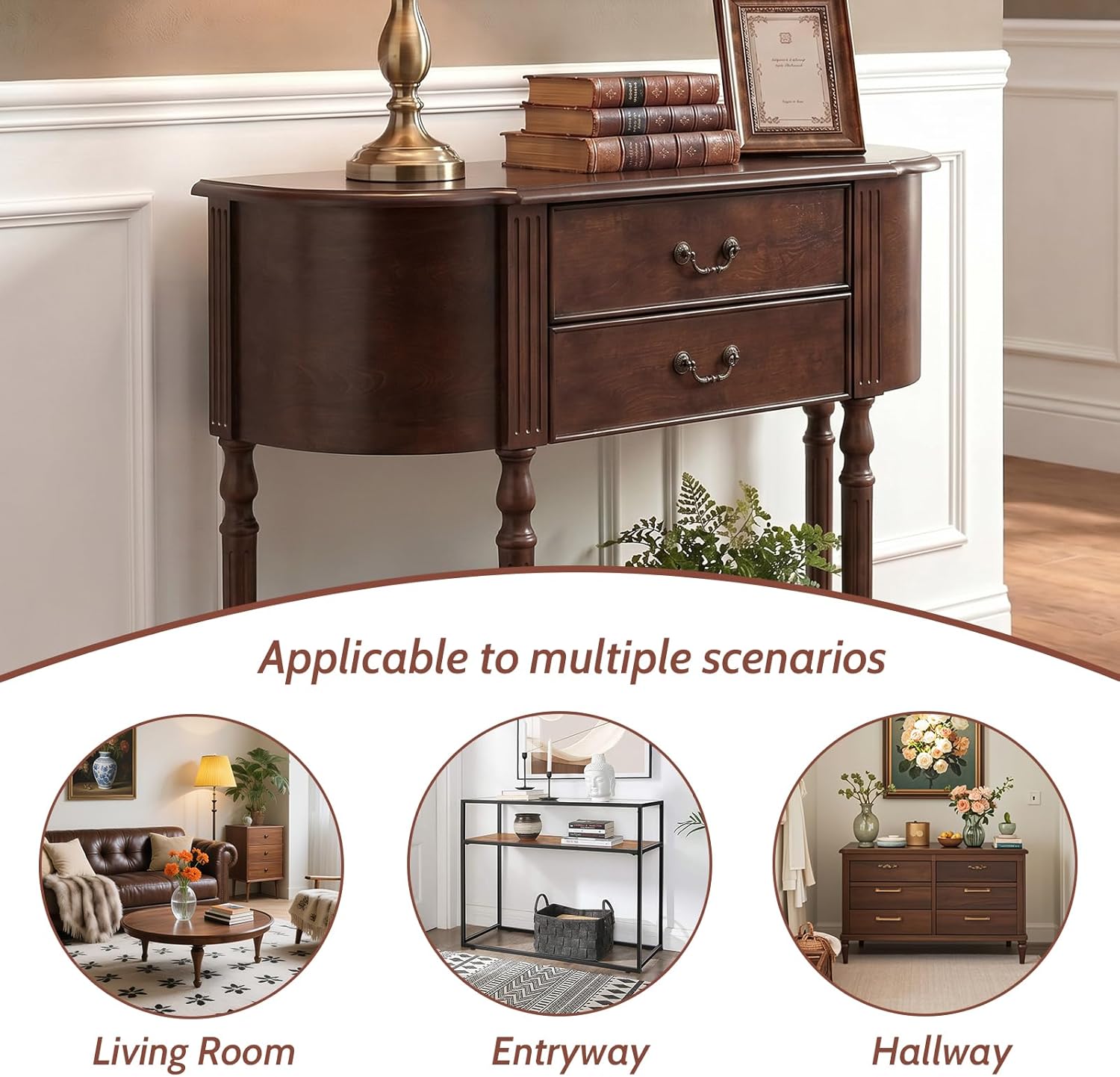 LKTART 43.3" Solid Wood Vintage Curved Console Table, Half Moon Sofa Table Entryway Table with 2 Drawers and Open Shelves Rubber Wood Legs for Living Room Hallway Entryway, Walnut