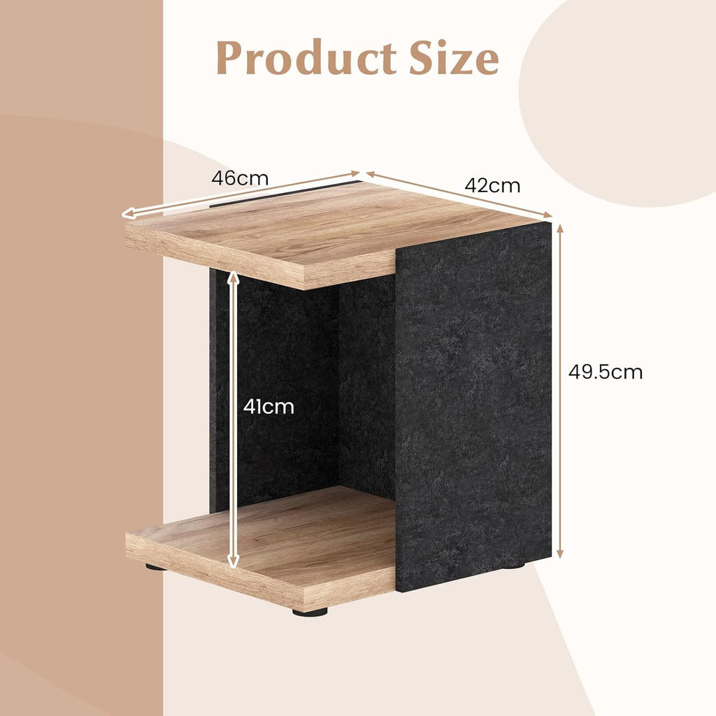 Giantex Modern End Table Set of 2, 2-Tier Sofa Side Table with Open Storage Shelf, Wooden Bedside Table, Rustic C Shaped Nightstand for Living Room, Bedroom, Small Spaces, Oak & Black