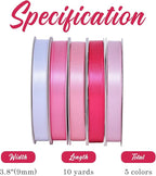 Ribest Pink Double Faced Satin Ribbon Set, 3/8 Inch White, Light Pink, Pink, Hot Pink, Fuchsia Ribbons for Valentine's Day Gift Wrapping Crafts Wedding Baby Shower, 5 Rolls × 10 Yards Total 50 Yards